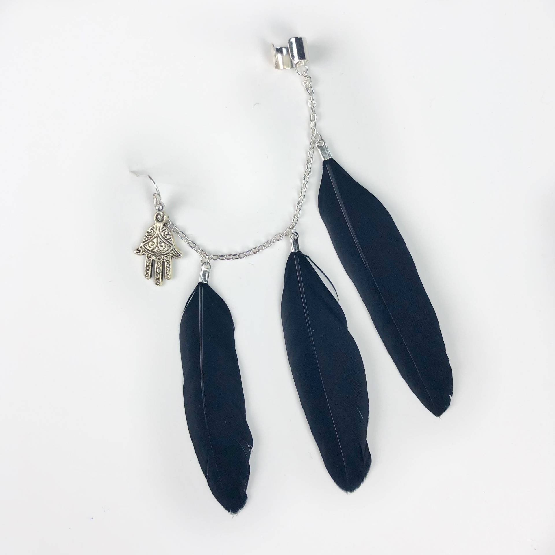 Handgemachte Silber Ohrmanschette, Rabe Hamsa Ohrring, Federohrring, Tragus Rabe, Kettenohrring, Amsel von Cloud9Jewels