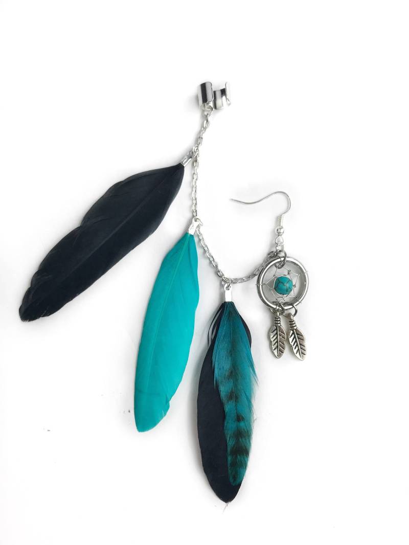 Handgemachte Silber Ohrmanschette, Türkis Traumfänger Feder Fake Ohrring, Festival, Hippie, Tragus Pilz Handgemachte Silber Ohrmanschette, Türkis Traumfänger Feder Fake Ohrring, Festival, Hippie, Tragus Pilz von Cloud9Jewels