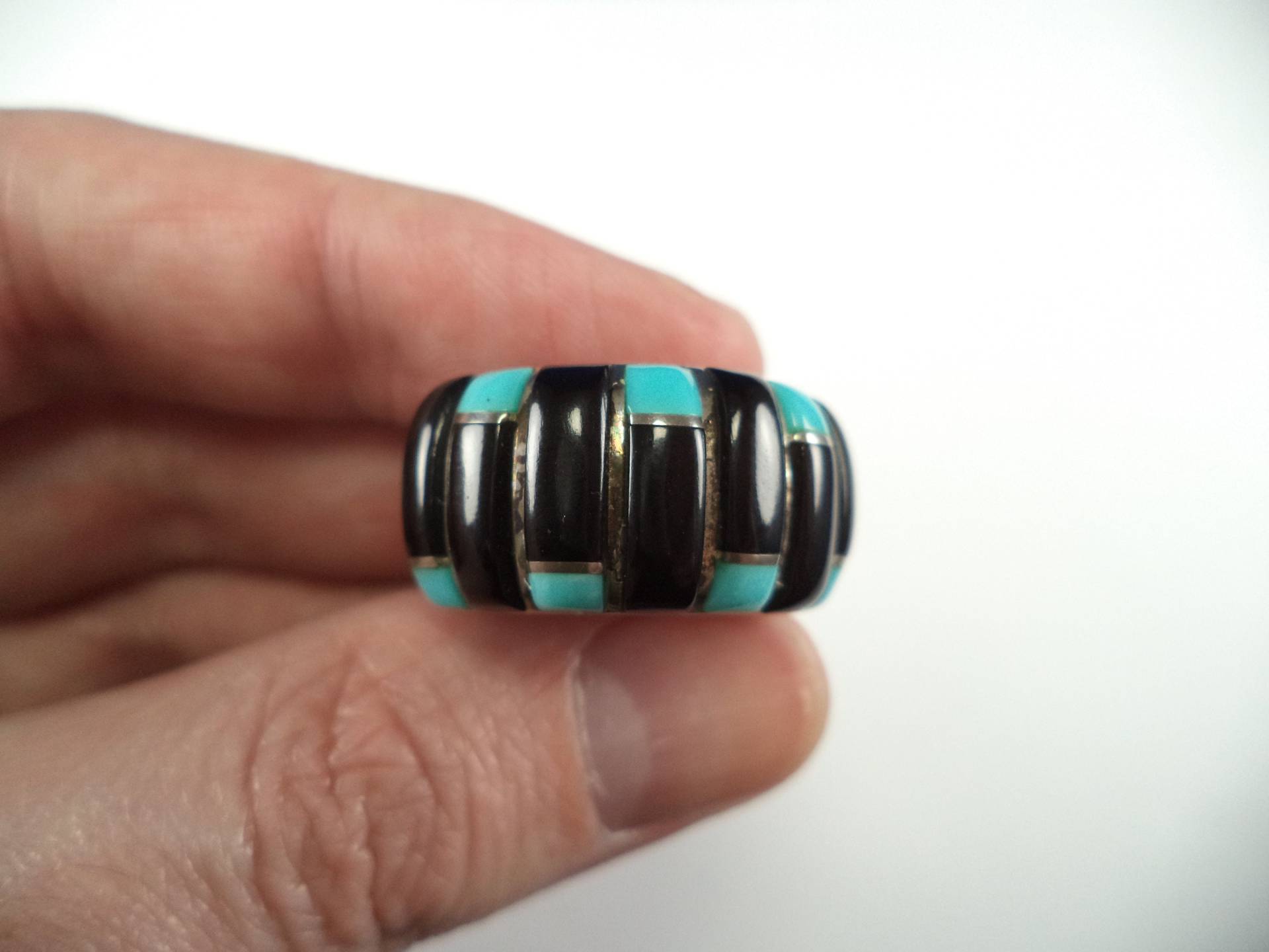 Vintage Sterling Silber Türkis Onyx Bandring - Größe 7 von CloudcroftTrading