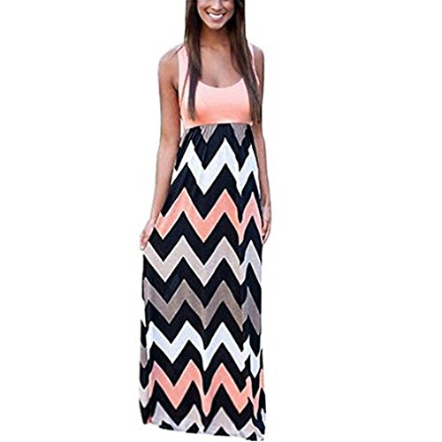 Cloudsemi Damen Sommerkleid Kleider Maxikleid Streifen Schulterfrei Rundhals High Waist Lang Kleid Partykleid (L, Rosa) von Cloudsemi