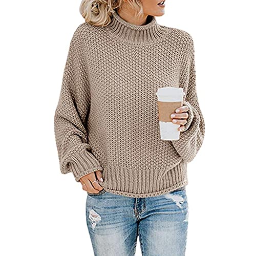 Cloudsemi Grobstrickpullover Damen Strickpullover,Winter Elegant Rollkragenpullover Strickpullover (Khaki, XXL) von Cloudsemi