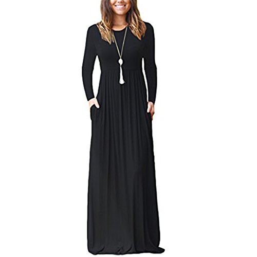 Damen Lange Kleider Langarm lose Plain Maxi Kleider Casual mit Taschen, Schwarz, Gr. XXL von Cloudsemi