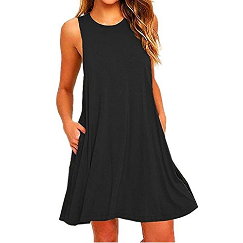 Damen Sommerkeider Ärmellos Taschen Casual Swing T-Shirt Kleider Knielang Rundkragen Strandkleid Lose Sommerkleid (XL, Schwarz) von Cloudsemi