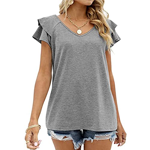 Damen T-Shirts Sommer V-Ausschnitt Tops Rüschen Kurzarm Casual Loose Fit (L, Grau) von Cloudsemi