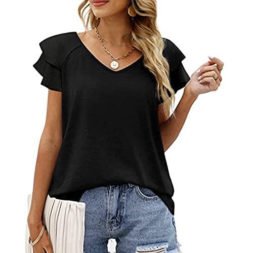 Damen T-Shirts Sommer V-Ausschnitt Tops Rüschen Kurzarm Casual Loose Fit (L, Schwarz) von Cloudsemi