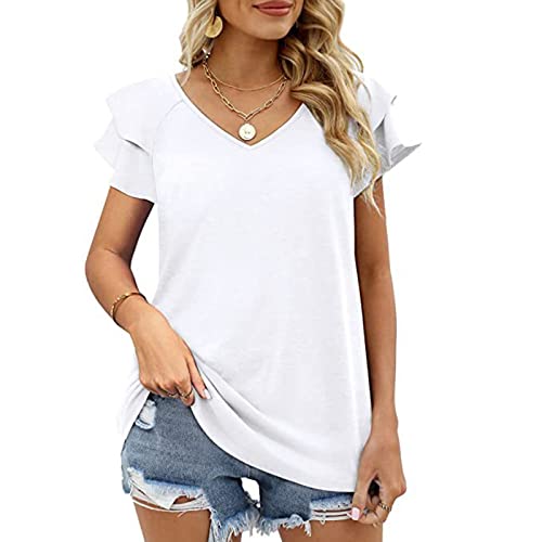 Damen T-Shirts Sommer V-Ausschnitt Tops Rüschen Kurzarm Casual Loose Fit (L, Weiß) von Cloudsemi