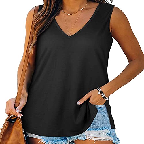 Damen Tank Tops V-Ausschnitt T-Shirts Basic Ärmellose Tunika mit seitlichem Schlitz von Cloudsemi