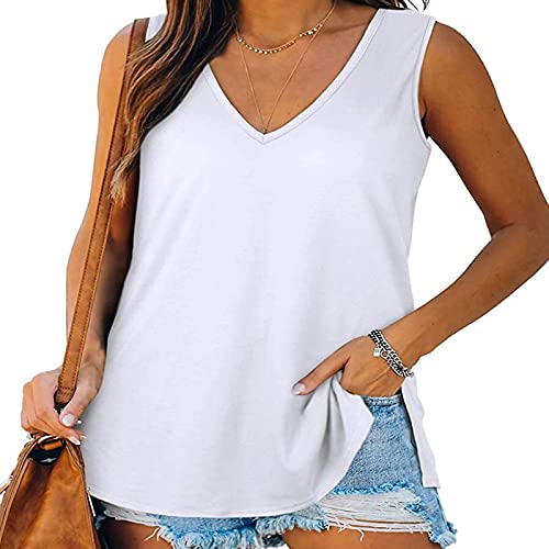 Damen Tank Tops V-Ausschnitt T-Shirts Basic Ärmellose Tunika mit seitlichem Schlitz von Cloudsemi