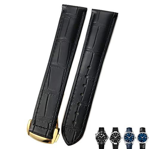 Clouism 18mm 19mm 20mm Rindsleder Uhrenarmband für Omega Seamaster 300 Speedmaster Uhrenarmbänder(Black gold,18mm) von Clouism