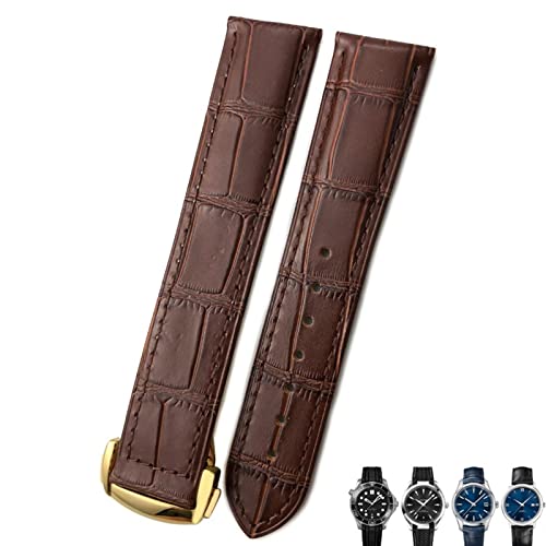 Clouism 18mm 19mm 20mm Rindsleder Uhrenarmband für Omega Seamaster 300 Speedmaster Uhrenarmbänder(Brown brown gold,18mm) von Clouism