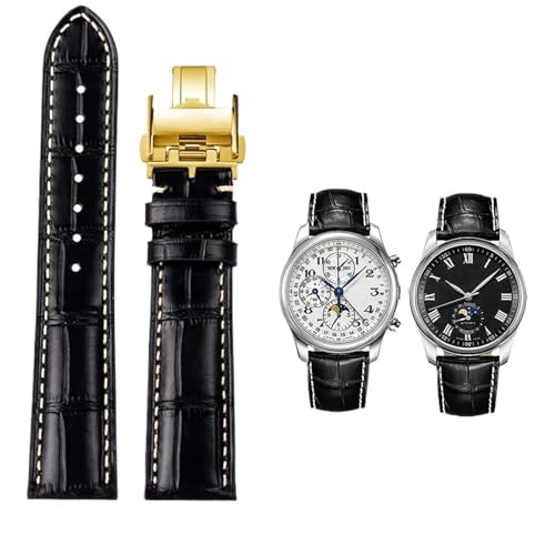 Clouism Für Longines Masters Collection L3 L4 L2.628/L2.673 Uhrenarmband Rindsleder Schmetterlingsschnalle Armband 19 20 21 mm Armband(Black gold Folding,21mm) von Clouism