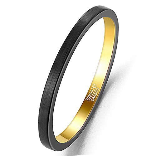 Cloyo 2mm Herren Ringe Schwarz Matt Wolfram Eheringe Dünne Freundschaftsringe Gebürstetes Finish mit Inner Golden Größe 52 (16.6) von Cloyo