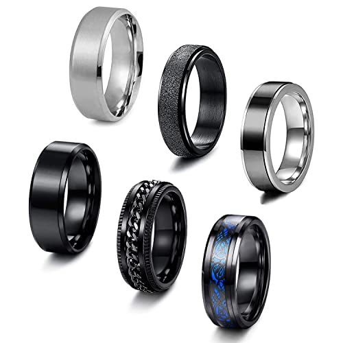 Cloyo 6 Stücke Ringe Set Herren Edelstahl Ringe Silber/Schwarz Ring Matt Vintage Ringe Keltischer Drachenring Freundschaftsring Spinner Ring Angst Größe 57 von Cloyo