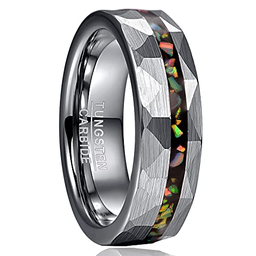 Cloyo Ringe Herren/Damen Grau Wolfram Ringe Gehämmert Eheringe Bunte Opal Verlobungsringe 6mm Comfort Fit Größe 54.4 (17.3) von Cloyo