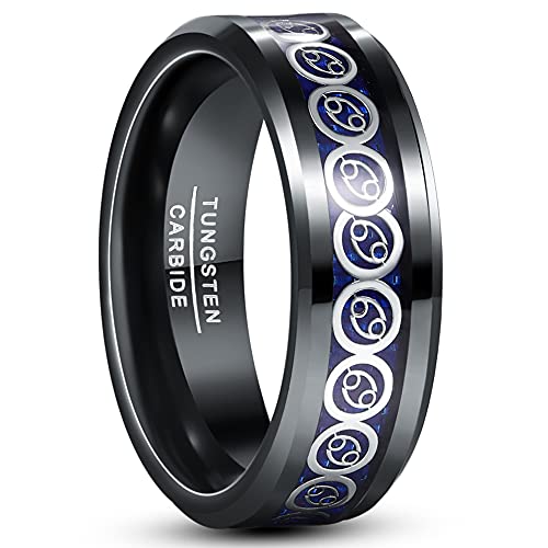 Cloyo Herren Ringe Schwarz 8mm Wolfram Ring Sternzeichen Ring Krebs mit Blaue Kohlefaser Ringe für Frauen Männer Größe 65 (20.7) von Cloyo