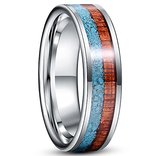 Cloyo Wolframcarbid Eheringe Ringe Herren Silber mit Türkis Holzring Männer Verlobungsring Hochpolnische Comfort Fit 6mm Größe 60 (19.1) von Cloyo