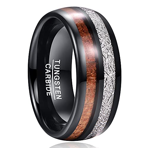 Cloyo Ring Schwarz Damen/Herren Wolfram Ehering mit Hawaii Koa Holz 8mm Verlobungsring für Männer Frauen with Imitiert Meteorit Inlay Größe 60 (19.1) von Cloyo