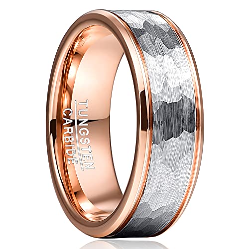 Cloyo Wolframcarbid Ring Herren Eheringe Rosegold 8mm Breite Verlobungsring Mann und Frau Silber Hammered Finish mit Dünnen Rillen Größe 54.4 (17.3) von Cloyo