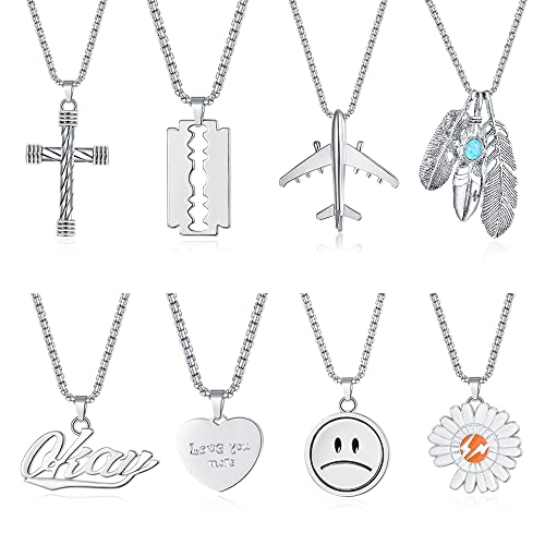 Coloy 8 Stücke Kette mit Anhänger Herren Edelstahl Kette Männer Kreuz Halskette Herren Silber mit Badminton/Chrysantheme/Herzförmig/Klinge/Flugzeug/OKAY/Smiley von Cloyo