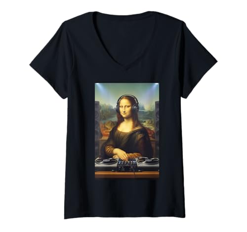 Damen Lustige Mona Lisa DJ Plattenspieler Nachtclub Grafik T-Shirt mit V-Ausschnitt Damen Lustige Mona Lisa DJ Plattenspieler Nachtclub Grafik T-Shirt mit V-Ausschnitt von Club Da Vinci