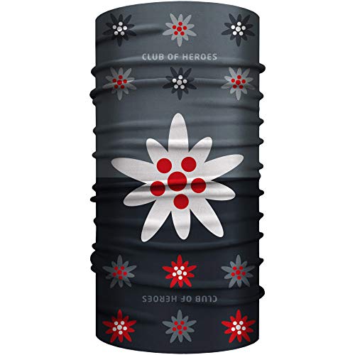 Club of Heroes Edelweiss Bandana, nahtloses Multifunktionstuch aus weicher Mikrofaser/atmungsaktiv Schlauchschal Halstuch Mundschutz Schal Tuch/Berge Alpen Bayern Tirol Blume (Grau) von Club of Heroes