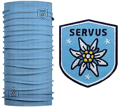 Club of Heroes Edelweiss Set / 1 Patch + 1 Multifunktionstuch/Aufnäher Aufbügler gestickt/Schlauchtuch Bandana Halstuch Mundschutz/Servus Tracht Dirndl kariert/Karo Blau von Club of Heroes