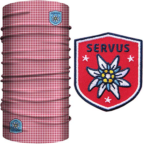 Club of Heroes Patch-Set (Karo Edelweiss Rot) 1 Abzeichen gestickt + 1 Multifunktionstuch aus weicher Mikrofaser/Applikation Patch Aufbügler Aufnäher/Halstuch Kopftuch Schlauchschal von Club of Heroes