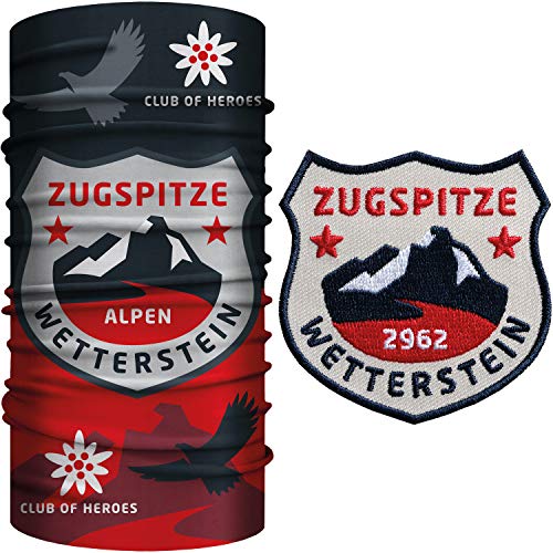 Club of Heroes Zugspitze Bandana Set / 1 Multifunktionstuch + 1 Patch, Aufnäher Aufbügler gestickt/Schlauchschal Halstuch Schal aus weicher Mikrofaser/Wetterstein Bayern Alpen Berge Bergsteige COH von Club of Heroes