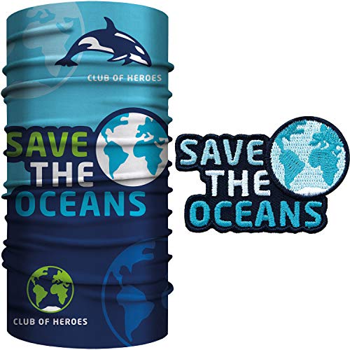 Save The Oceans Bandana Set / 1 Multifunktionstuch + 1 Patch, Aufnäher Aufbügler gestickt / Schlauchschal Halstuch Schal aus weicher Mikrofaser / Planet Meer Ozean Tauchen Clean Nautik COH von Club of Heroes