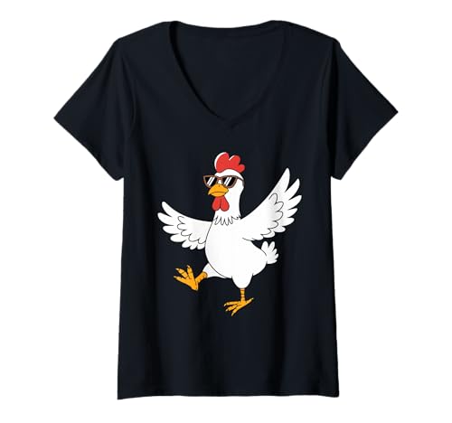 Damen Cooles Huhn trägt Sonnenbrille Lustiger Streben-Tanz T-Shirt mit V-Ausschnitt Damen Cooles Huhn trägt Sonnenbrille Lustiger Streben-Tanz T-Shirt mit V-Ausschnitt von Cluckin’ Cool Chicken Farmer Rooster Humor Apparel