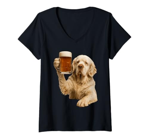Damen Clumber Spaniel Bier T-Shirt mit V-Ausschnitt Damen Clumber Spaniel Bier T-Shirt mit V-Ausschnitt von Clumber Spaniel Dog
