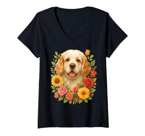Damen Clumber Spaniel-Blume T-Shirt mit V-Ausschnitt Damen Clumber Spaniel-Blume T-Shirt mit V-Ausschnitt von Clumber Spaniel Dog