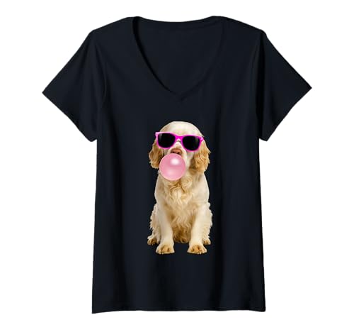 Damen Clumber Spaniel Kaugummi T-Shirt mit V-Ausschnitt Damen Clumber Spaniel Kaugummi T-Shirt mit V-Ausschnitt von Clumber Spaniel Dog