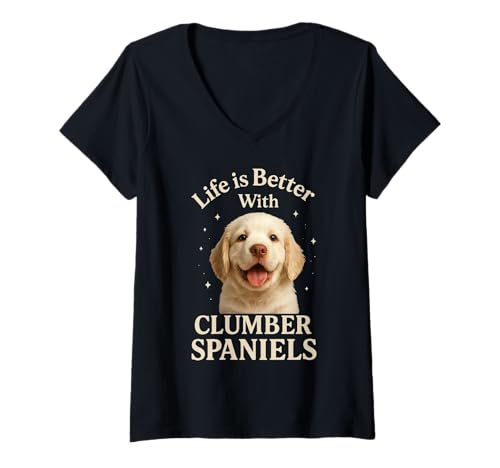 Damen Das Leben ist Besser mit Clumber Spaniel T-Shirt mit V-Ausschnitt Damen Das Leben ist Besser mit Clumber Spaniel T-Shirt mit V-Ausschnitt von Clumber Spaniel Dog