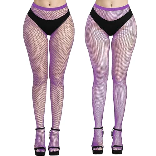 Clundoo 2 PCS Netzstrumpfhose, Netzstrumpfhose, Strümpfe Strumpfhosen, Elastisch Hohe Taille Strumpfhosen Netzstrümpfe, Fishnet Tights für Halloween Karneval (Lila) von Clundoo