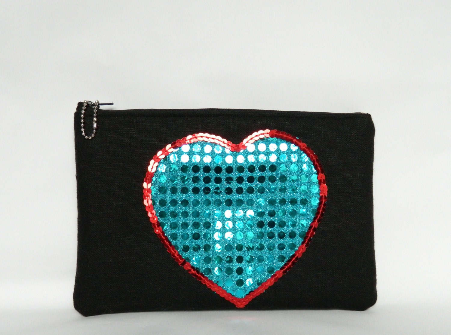 Pailletten-Herz-Reißverschluss-Kupplung Schwarz & Türkis Abendtasche von ClutchesAndCo