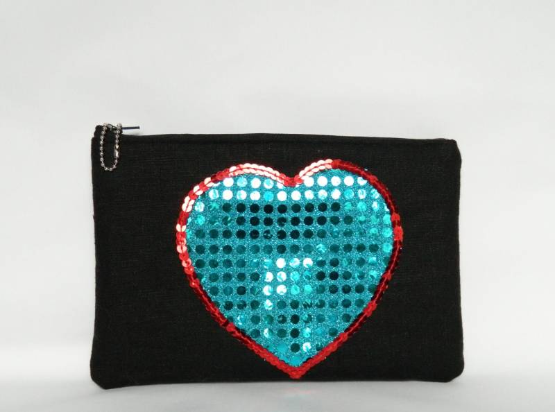Pailletten-Herz-Reißverschluss-Kupplung Schwarz & Türkis Abendtasche Pailletten-Herz-Reißverschluss-Kupplung Schwarz & Türkis Abendtasche von ClutchesAndCo