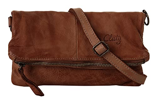 Cluty Abendtasche Echt Leder cognac Damen Reißverschluss, Schultergurt, Schultergurt abnehmbar, Schultergurt verstellbar von Cluty