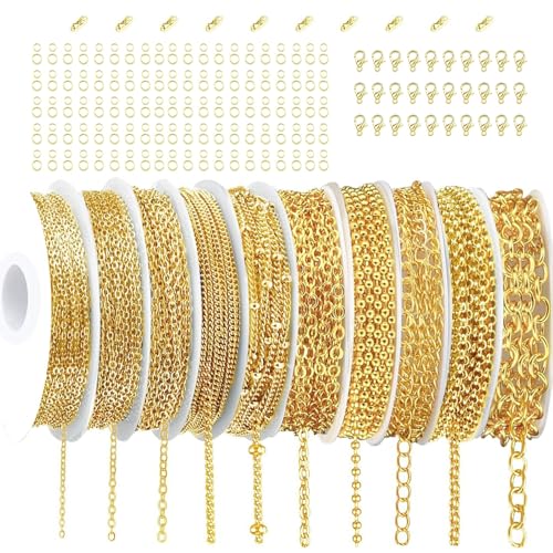 24m 10 Rollen Gliederkette Gold, Schmuckketten zum Basteln, Gliederkette Meterware, Schmuck Selber Machen Ketten mit Karabinerverschlüssen und Biegeringen, Halskettenketten Zubehör für DIY Halskette 24m 10 Rollen Gliederkette Gold, Schmuckketten zum Basteln, Gliederkette Meterware, Schmuck Selber Machen Ketten mit Karabinerverschlüssen und Biegeringen, Halskettenketten Zubehör für DIY Halskette von Clyfanesy