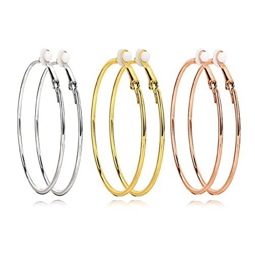3 Paar Ohrclips, großes Creolen-Set, nicht durchbohrte Damenohrringe, Hypoallergene Damenohrringe aus Vergoldetem Roségold und Silber（5cm） von Clyhon