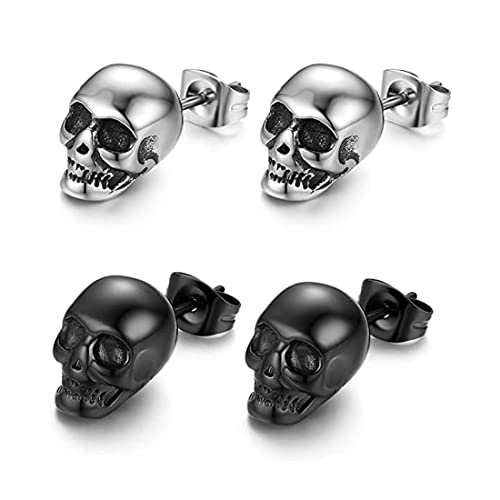Clyhon 2 Paar Totenkopf Piercing Ohrringe Herren Schädel Ohrstecker Edelstahl Hip Hop Punk Jazz Ohr Schmuck Rock für Männer Silber Schwarz von Clyhon