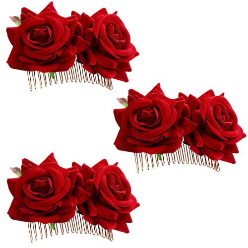 Clyhon 3er Pack Rose Blume Haarspange Damen Rose Blume Haarschmuck Hochzeit Haarspange Flamenco Tänzerin Haarschmuck Rot von Clyhon