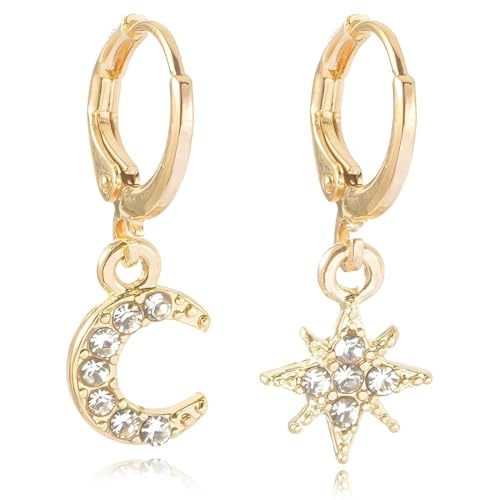 Clyhon Creolen Gold Damen mit Klein Zirkonia Anhänger Mond & Sterne Anhänger für Frauen Mädchen, Ohrhänger Gold 10K Vergoldet Creolen Set von Clyhon