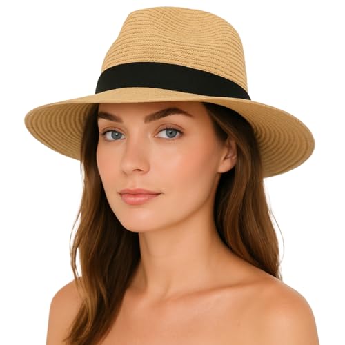 Clyhon Damen Panama Hut Breiter Krempe Stroh Sommer Fedora Strohhut Panama Aufrollen Hut Strand Rollbar UV Sonnenhut UPF 50 + von Clyhon