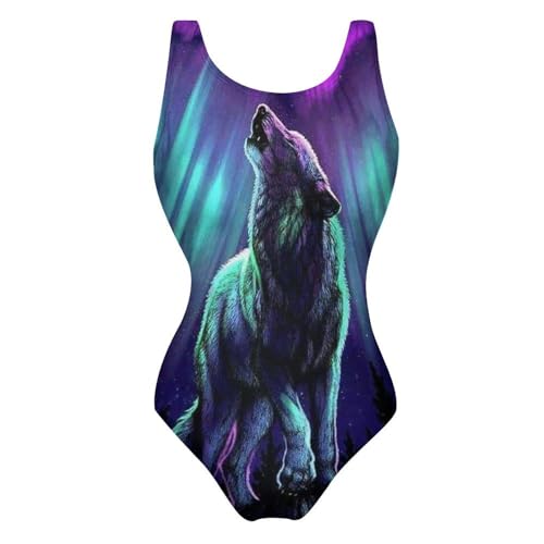 Cmagnifico Damen Badeanzug Totenkopf mit Rosen Bikini Set Einteiler Bademode Badeanzüge, Wölfe heulen in den Nordlichtern, 52 von Cmagnifico