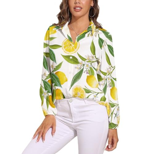Cmagnifico Damen-Bluse, gelbe Zitrone, langärmelig, Button-Down-Shirt für Arbeit, Party, Gelbe Zitrone., 3XL von Cmagnifico
