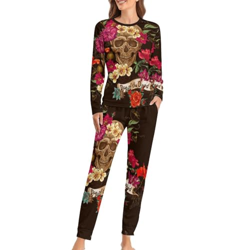 Cmagnifico Damen Schlafanzug mit Rundhalsausschnitt, Blumenmuster, Sugar Skull Day of the Dead Schlafanzug für Damen, Schlafanzug mit Taschen, Blumiger Sugar Skull Day of the Dead, M von Cmagnifico