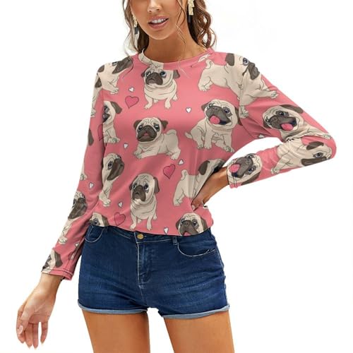 Cmagnifico Damen Tops Mops und Rosa Hintergrund Langarm T-Shirt Casual Langarm Rundhals Top, siehe abbildung, M von Cmagnifico