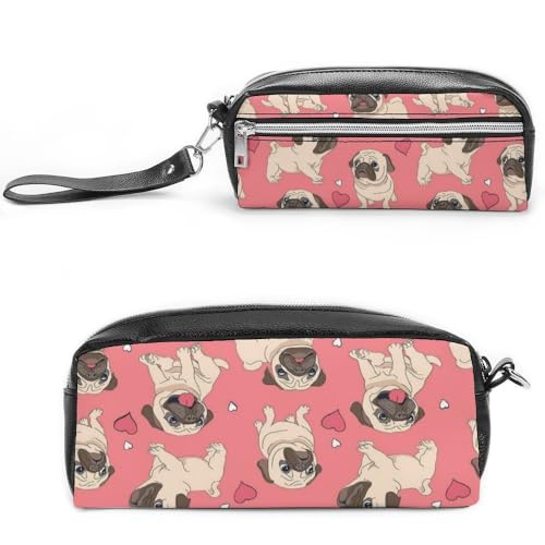 Cmagnifico Federmäppchen aus Leder, Mops und rosa Hintergrund, Schreibwaren-Tasche als Federmäppchen für Büro und Schule, Geschäftsreisetasche oder kleine Werkzeugbox, Make-up-Tasche von Cmagnifico