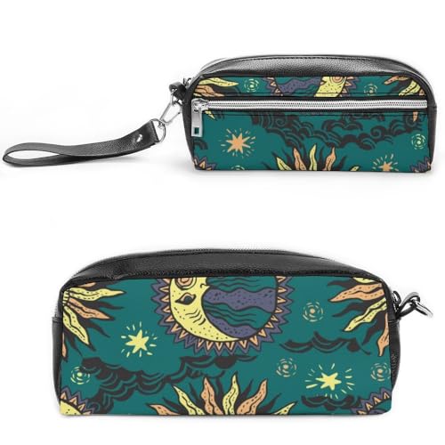 Cmagnifico Federmäppchen aus Leder, Motiv: Sonne und Mond, als Federmäppchen für Büro und Schule, Business-Reisetasche oder kleine Werkzeugbox, Make-up-Tasche von Cmagnifico